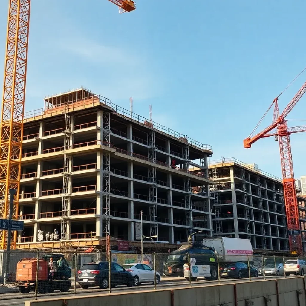 Construction site in Boston with workers and cranes.