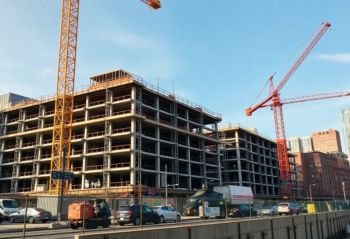 Construction site in Boston with workers and cranes.