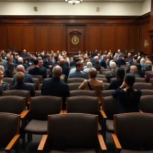 Empty seats in a Boston Municipal Courtroom symbolizing unrepresented defendants