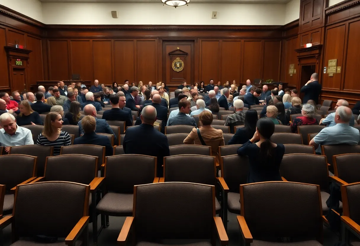 Empty seats in a Boston Municipal Courtroom symbolizing unrepresented defendants