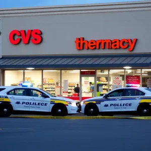 Police cars outside a CVS pharmacy after an armed robbery incident.