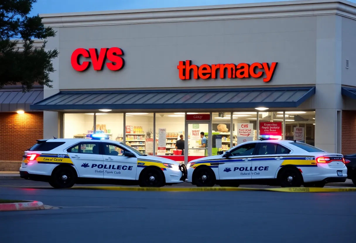Police cars outside a CVS pharmacy after an armed robbery incident.
