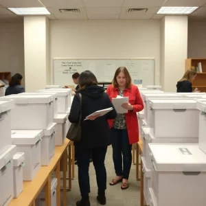 Election office showing ballot management process.
