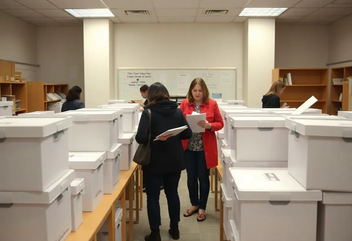 Election office showing ballot management process.