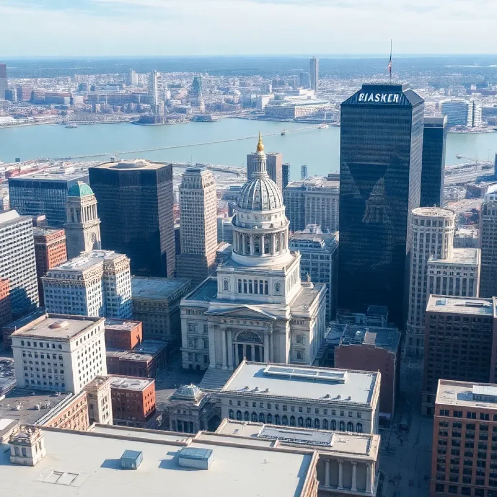 Aerial view of federal buildings in downtown Boston.