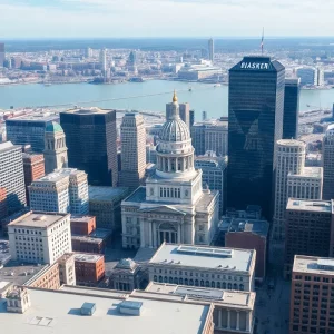 Aerial view of federal buildings in downtown Boston.