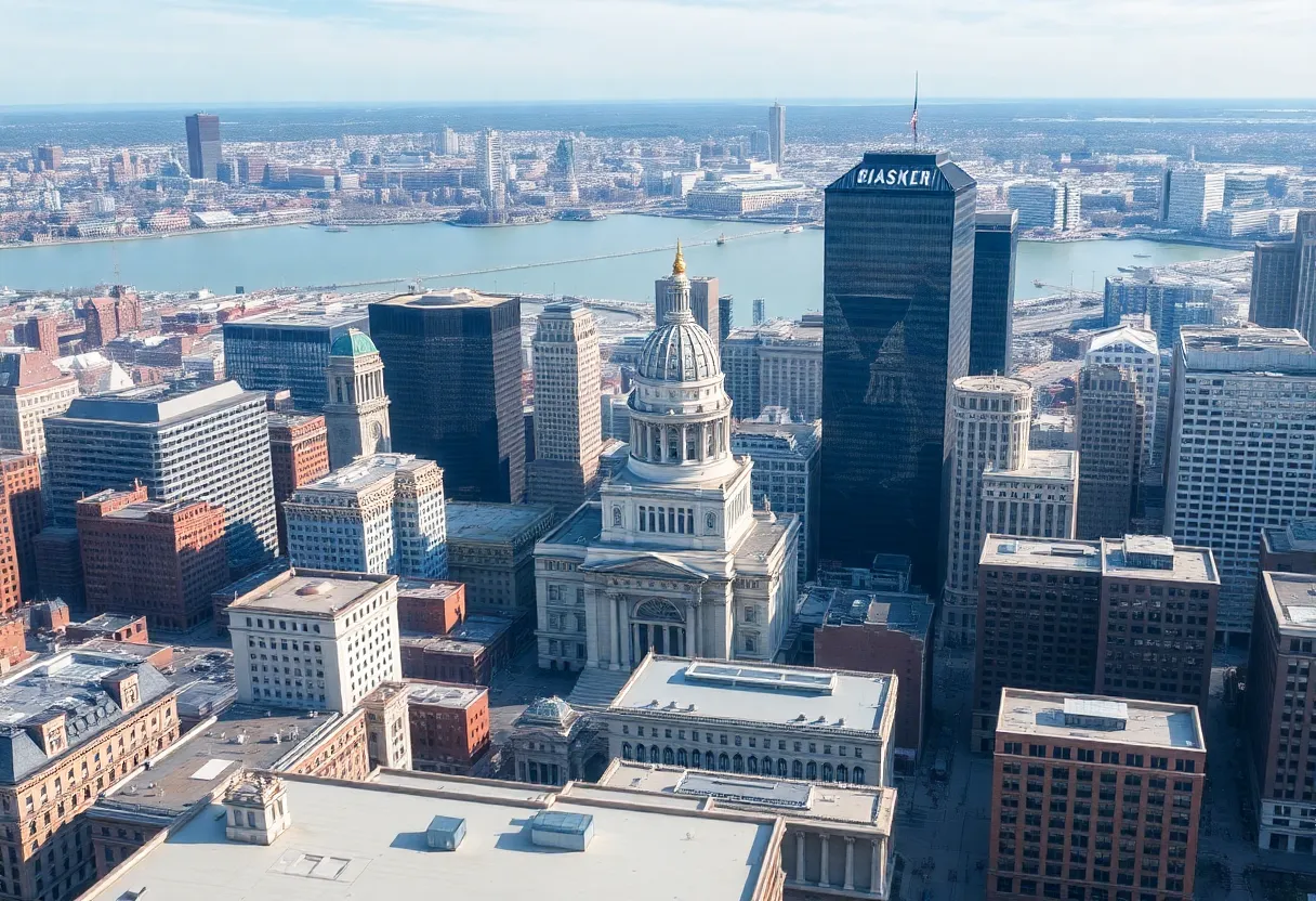 Aerial view of federal buildings in downtown Boston.