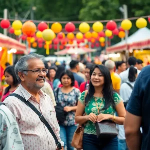 People enjoying the Boston festivals with music, food, and art.