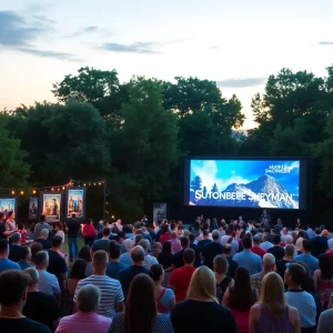 Outdoor film screening event in Boston featuring diverse audience enjoying a movie.