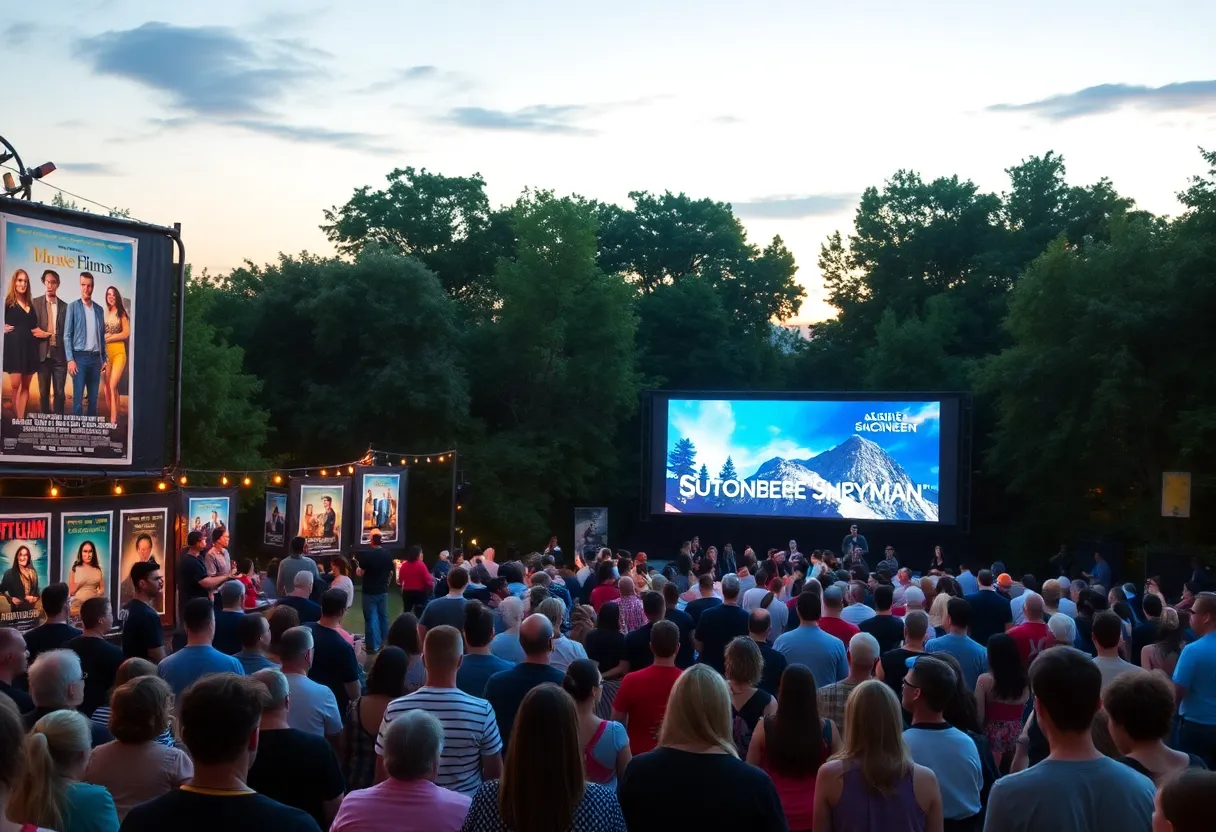 Outdoor film screening event in Boston featuring diverse audience enjoying a movie.