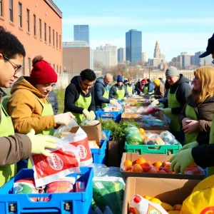 Volunteers at a food bank in Boston distributing food to families.