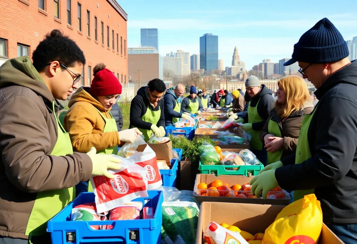 Volunteers at a food bank in Boston distributing food to families.