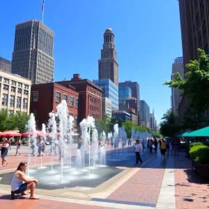 Boston skyline under a heat wave with people staying cool.