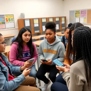 Boston high school students engaged in discussion about cellphone policies in schools.
