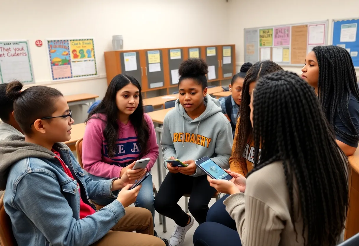Boston high school students engaged in discussion about cellphone policies in schools.