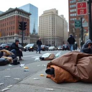 A street scene in Boston depicting homelessness and public drug use issues.