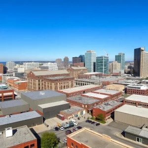 Aerial view of Boston's industrial real estate buildings and warehouses