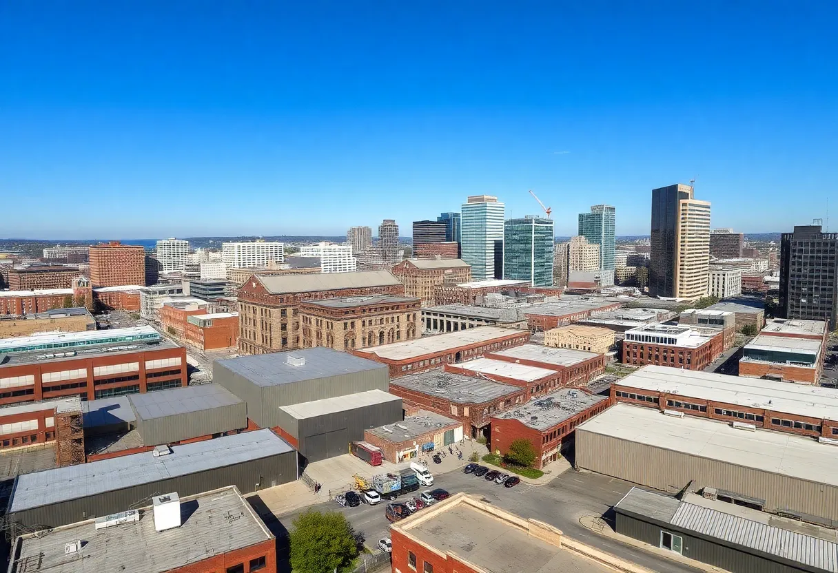 Aerial view of Boston's industrial real estate buildings and warehouses