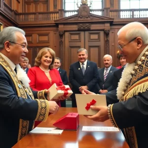 Boston Mayor and Italian Mayor exchanging gifts