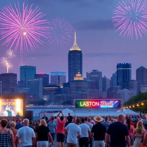 Boston skyline with fireworks for Labor Day celebration