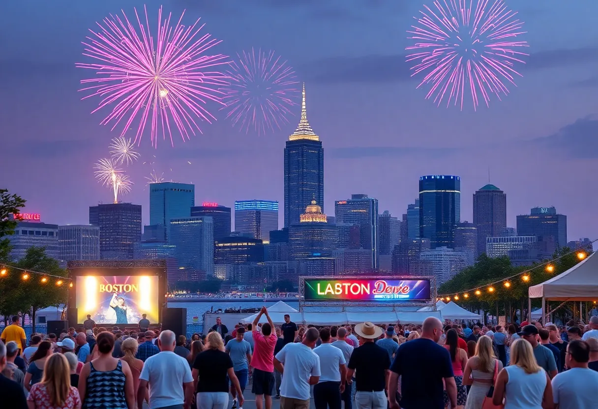 Boston skyline with fireworks for Labor Day celebration