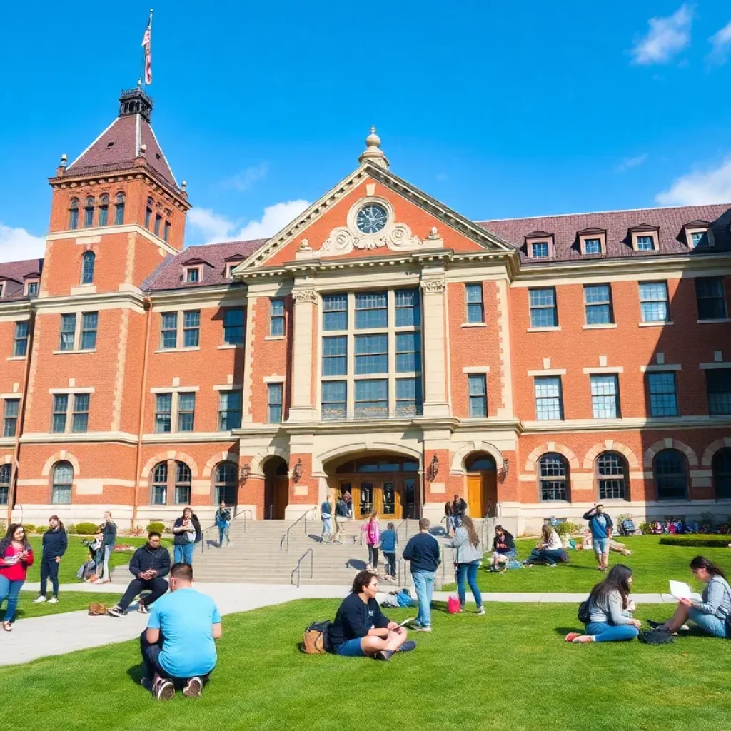 Exterior view of Boston Latin School with students learning outside.