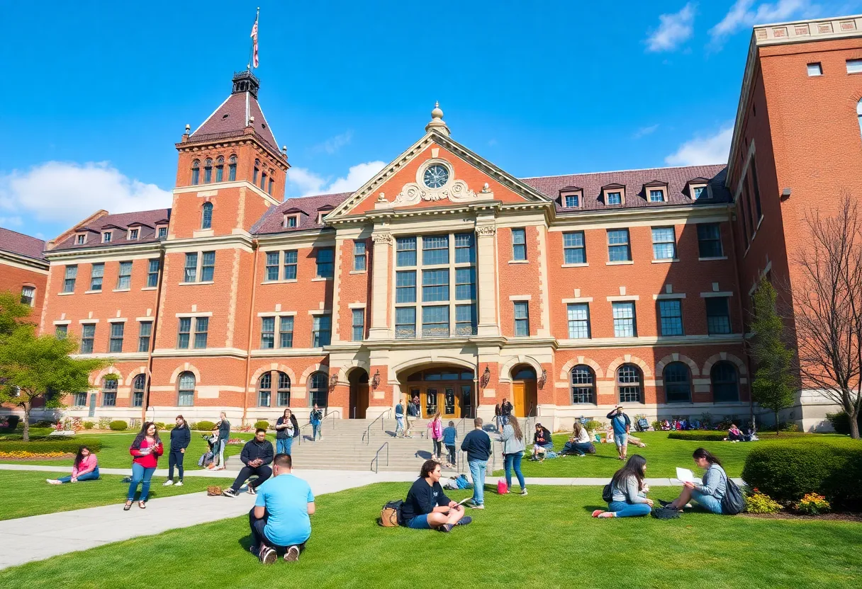 Exterior view of Boston Latin School with students learning outside.