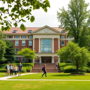 Boston Latin School exterior view with students
