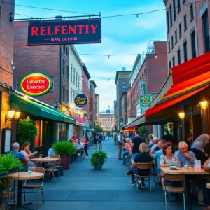 Outdoor dining scene in Boston featuring local restaurants with liquor licenses