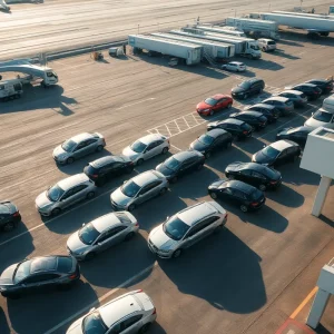Aerial view of the rental car area at Boston Logan Airport