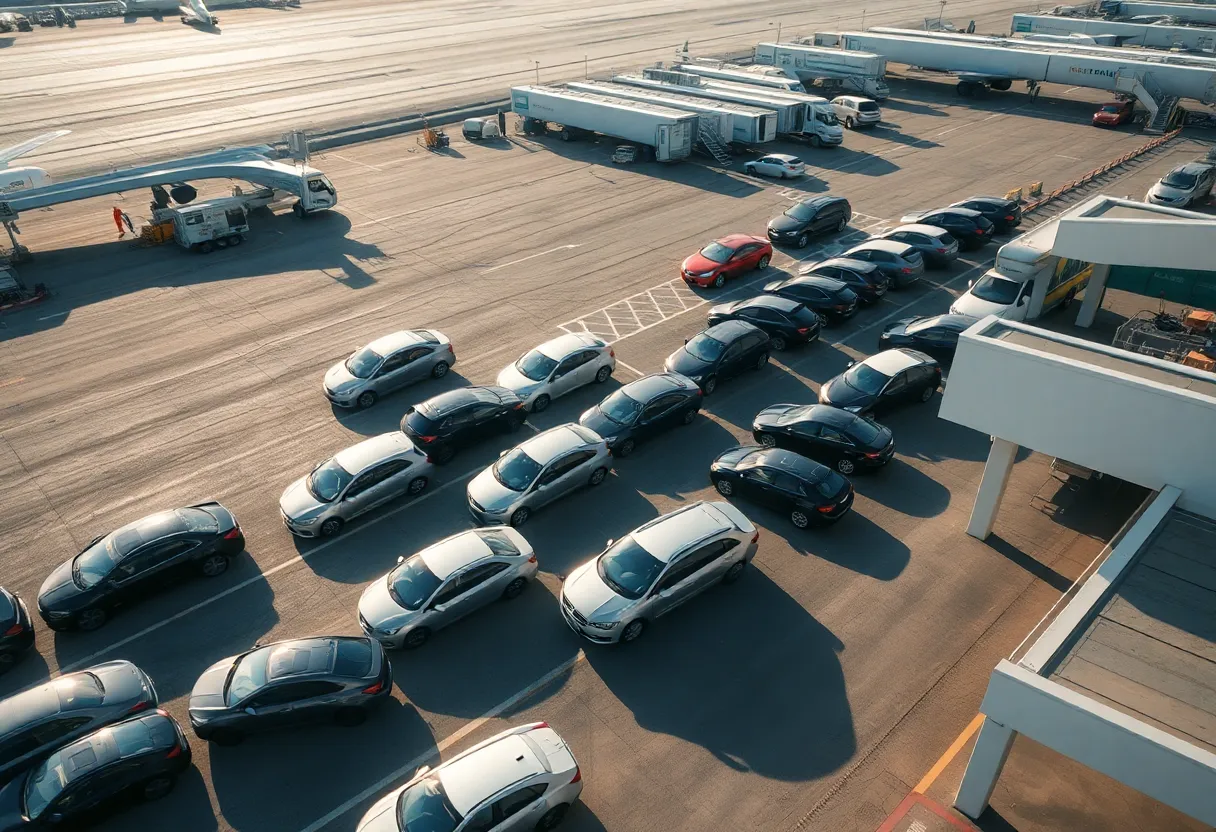 Aerial view of the rental car area at Boston Logan Airport