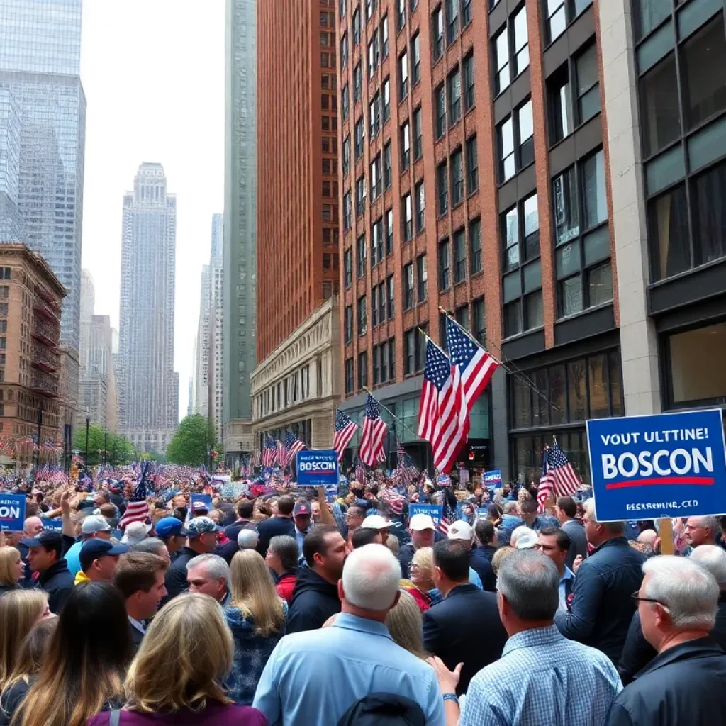 Boston cityscape with campaign signs and engaged citizens