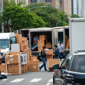 Moving trucks and boxes crowding Boston streets during move-in day