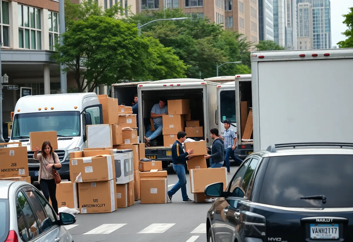 Moving trucks and boxes crowding Boston streets during move-in day
