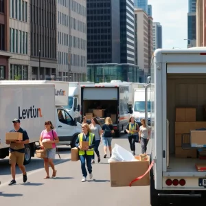 Boston streets during move-in weekend with moving trucks and students