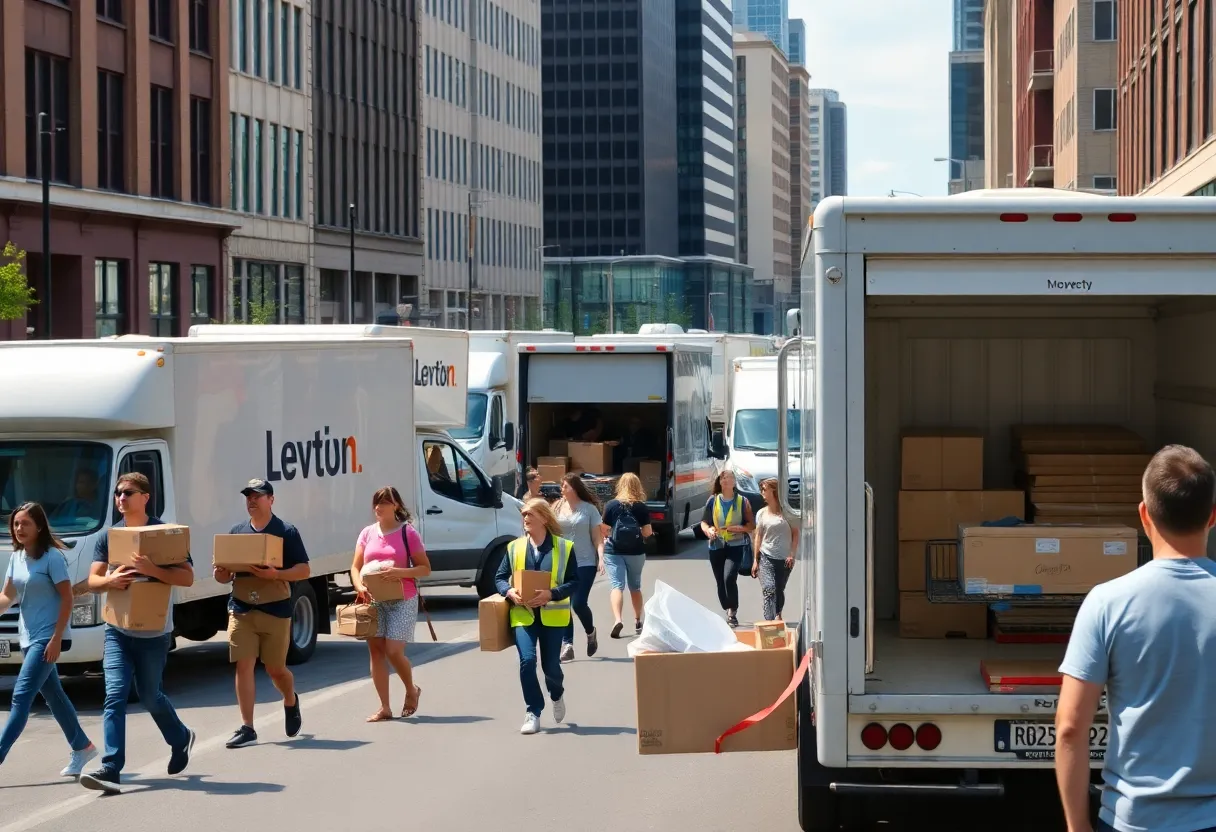 Boston streets during move-in weekend with moving trucks and students