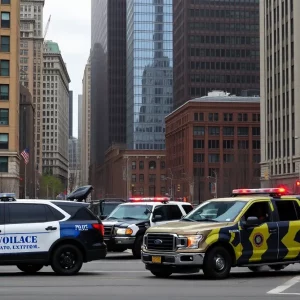 Boston skyline with National Guard presence