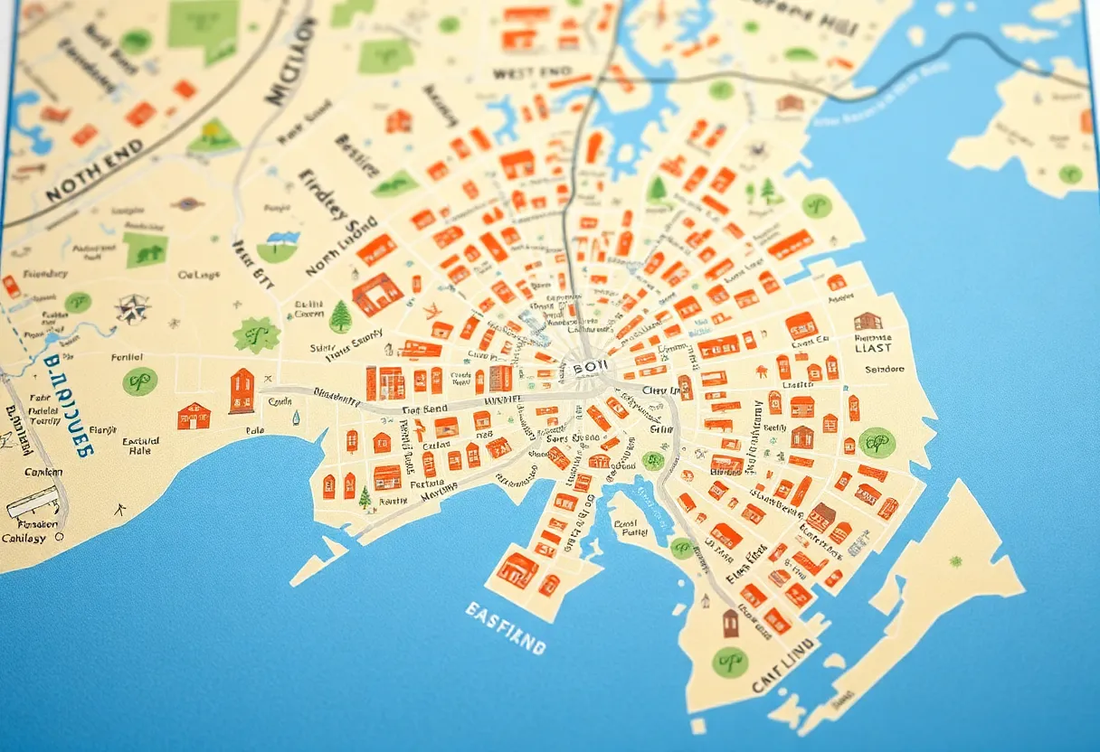 Map illustrating Boston's neighborhoods accurately, including North End and Beacon Hill.