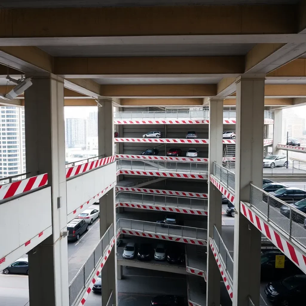 A high-rise parking garage highlighting safety measures and mental health awareness projects.