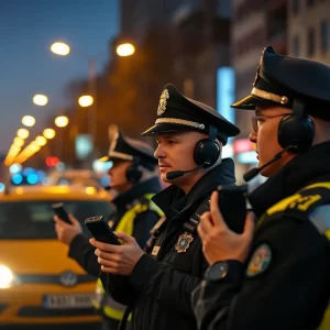 Police officers communicating during a night incident in Boston.