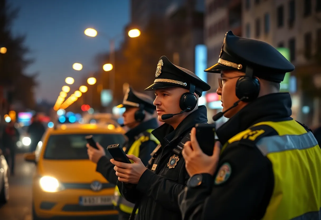 Police officers communicating during a night incident in Boston.