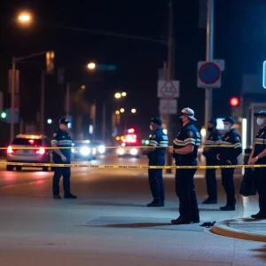 Police officers investigating a shooting scene at night in Boston's South End