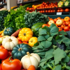 Colorful fresh produce at a Boston market, including squashes, tomatoes, and leafy greens.