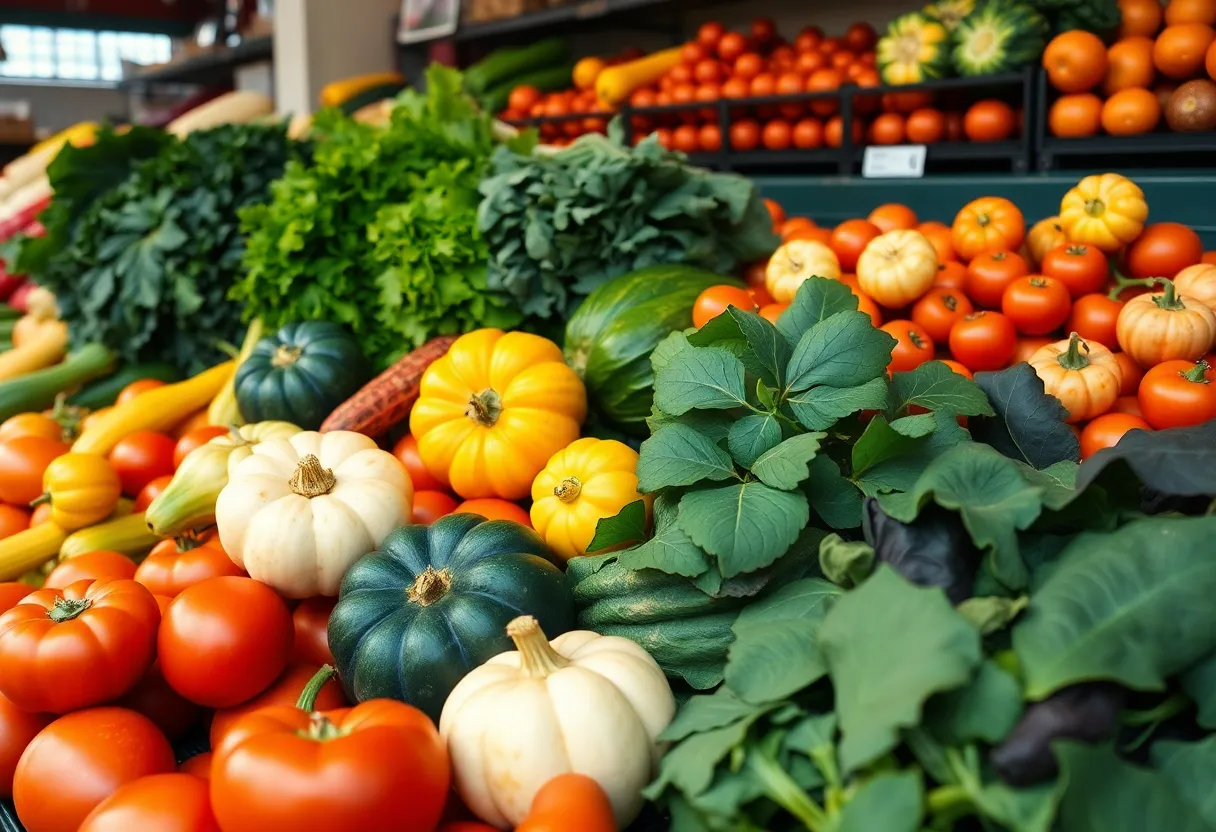 Colorful fresh produce at a Boston market, including squashes, tomatoes, and leafy greens.