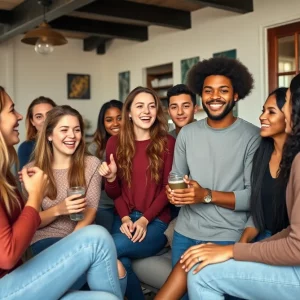 Group of young people engaging in conversation at a reality show casting call.