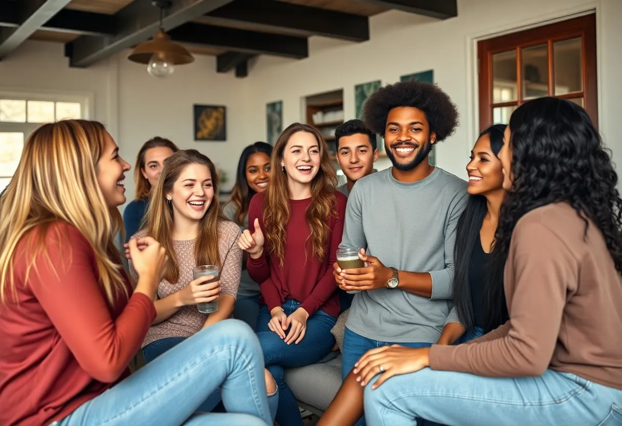Group of young people engaging in conversation at a reality show casting call.