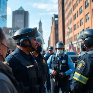 Boston skyline with community policing and immigrant support imagery.