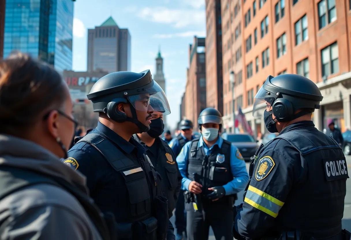 Boston skyline with community policing and immigrant support imagery.