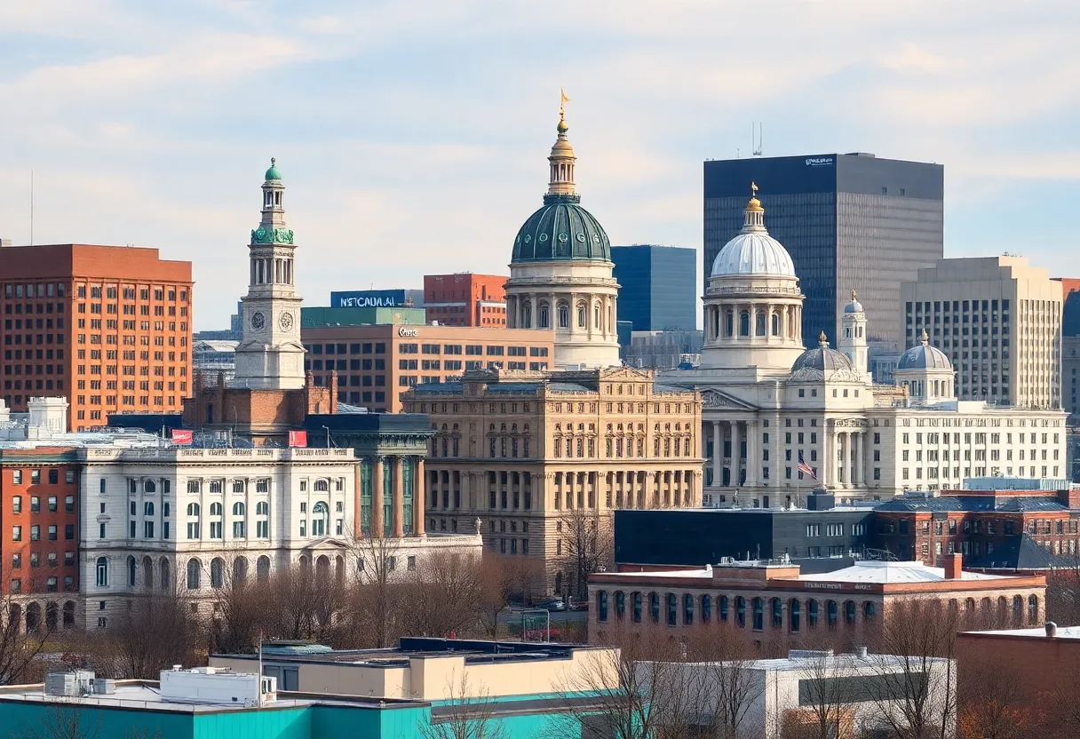 Boston skyline with a focus on city government buildings related to immigration policies