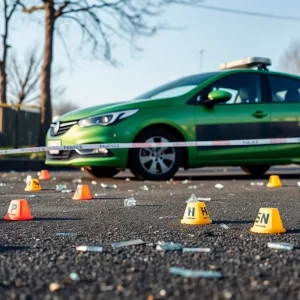 Crime scene investigation with evidence markers and a green car in Hyde Park, Boston.